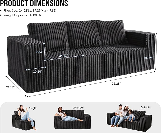 Modular Sectional Sofa 3-Seater Modular Couch with Deep Seat Memory Foam Cloud Chair with Pillows Oversized Sectional Sofa for Living Room Bedroom (Strip Grey, 3-Seater)
