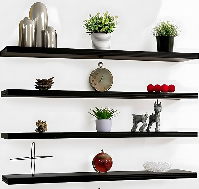 Wood Floating Shelves for Wall Decor, Rustic Wall Shelves for Bedroom Bathroom Kitchen Living Room, Set of 4 Black 48 Inch