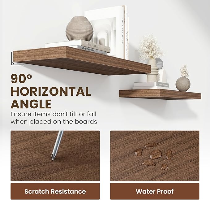 24 Inch Floating Shelves, 12 Inch Deep Floating Shelves for Wall, Floating Shelf with Invisible Brackets, Deep Shelves for Bathroom, Bedroom, Living Room, 2 Pack, Walnut