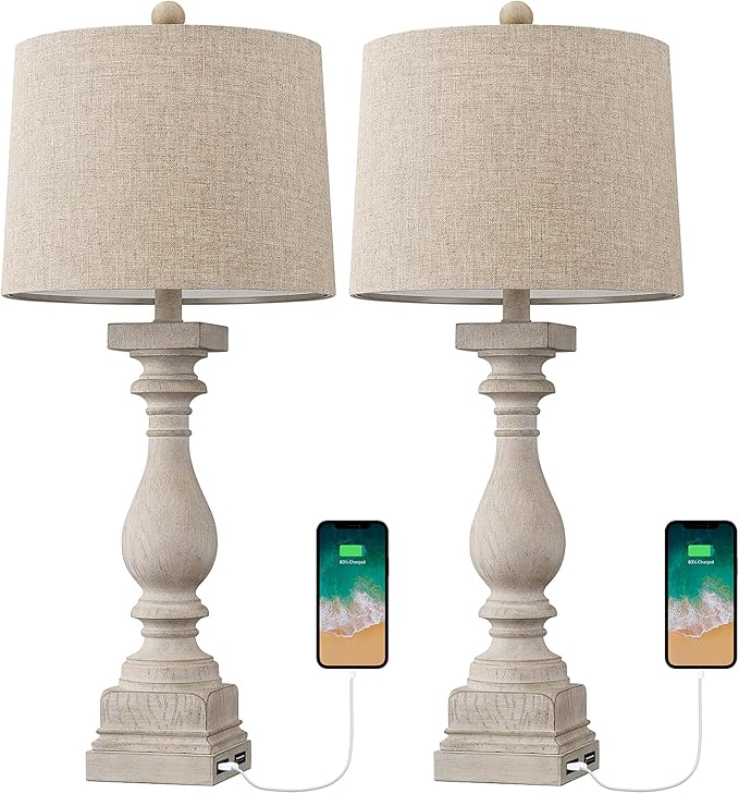 BOBOMOMO 27" Table Lamp with USB C+A Charging Ports Set of 2 Antique Nightstand Lamp for Bedroom Living Room Farmhouse Office Retro Rustic Resin Bedside Desk Lamps Washed White
