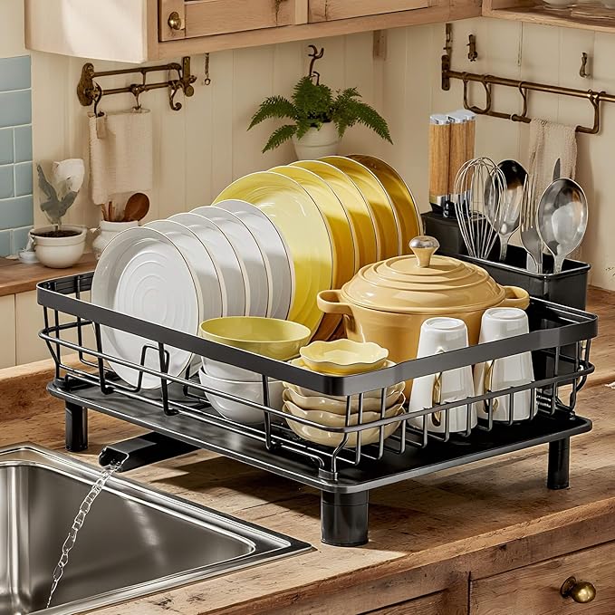 MOUKABAL Dish Drying Rack, Dish Rack, Stainless Steel Dish Racks for Kitchen Counter, Dish Drainer with Removable Utensil Holder, Drainboard (Black)