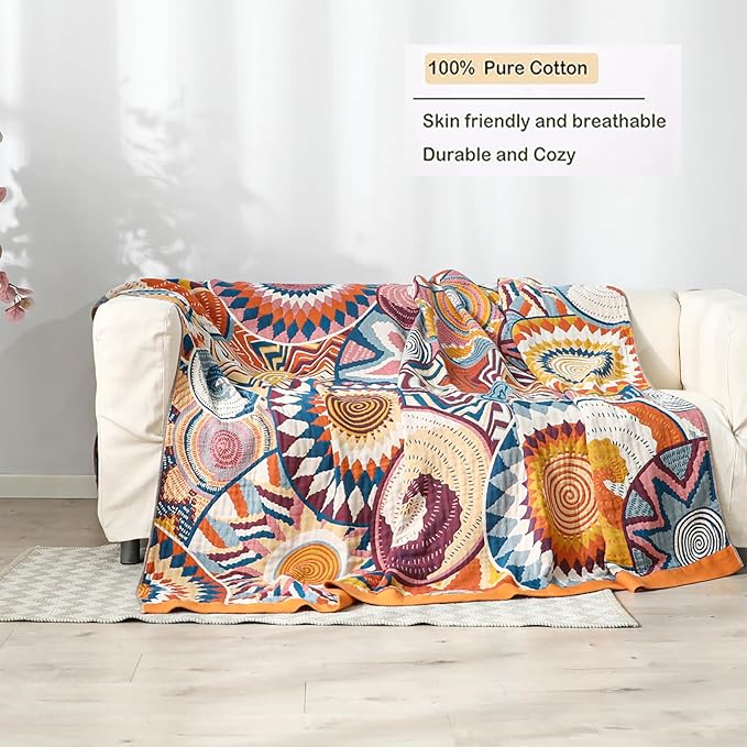 Boho Throw Blanket, 100% Organic Muslin Cotton Breathable Ultra Soft Bed Quilt Throw - All Season Floral Bird Butterfly Farmhouse Decor Blanket for Sofa Couch Chair and Gift. 60" x 80"