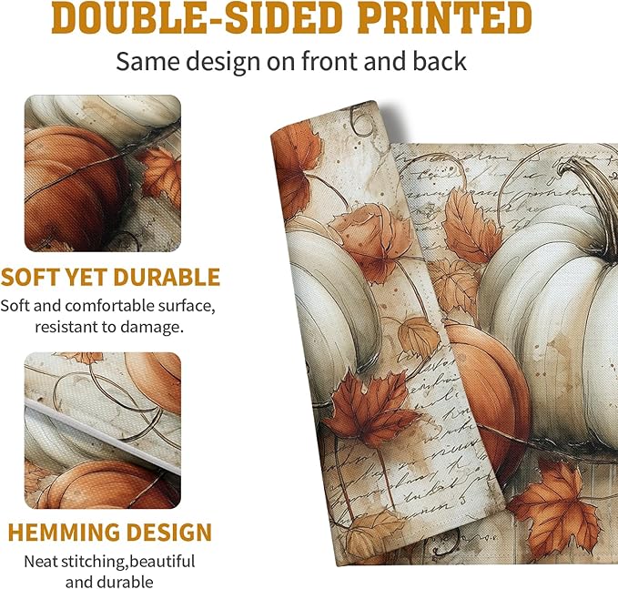 Fall Vintage Pumpkin Leaves Placemats Set of 4 Autumn Thanksgiving Harvest Linen Dinner Place Mats 12x18 Burnt Orange and White Rustic Farmhouse Decorative Kitchen Table Mats