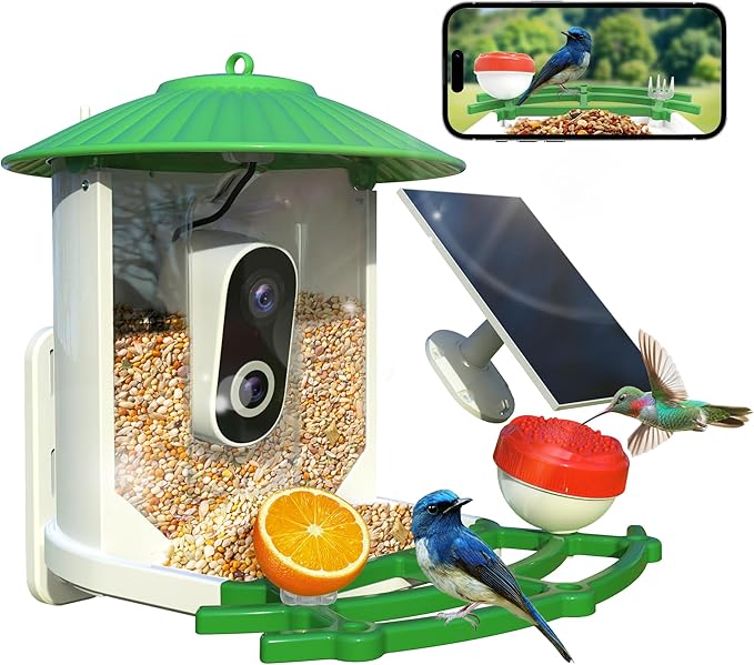 Bird Feeder with Camera, 2K HD AI Smart Identify BirdSpecies Video Camera with Solar Panel Outdoors Birdhouse with Cam, Instant Arrival Alerts, Capture BirdVideo Ideal Present for Bird Lover
