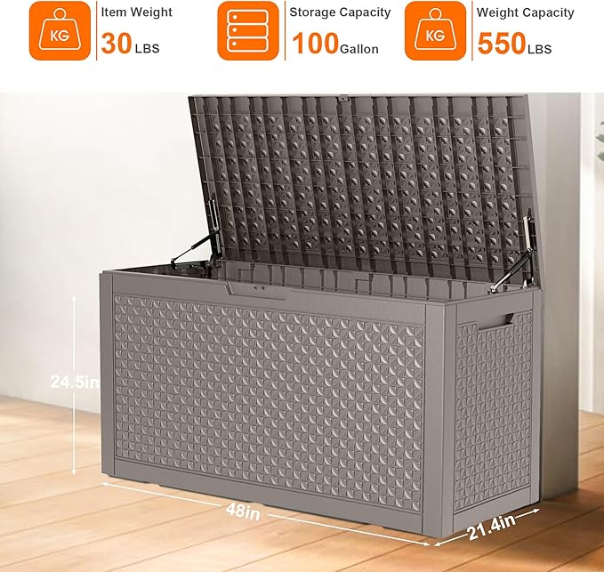 100 Gallon Deck Box Large Outdoor Storage for Patio Furniture,Outdoor Cushions,Garden Tools and Pool Supplies,Waterproof,Resin,Lockable(Grey Lozenge)