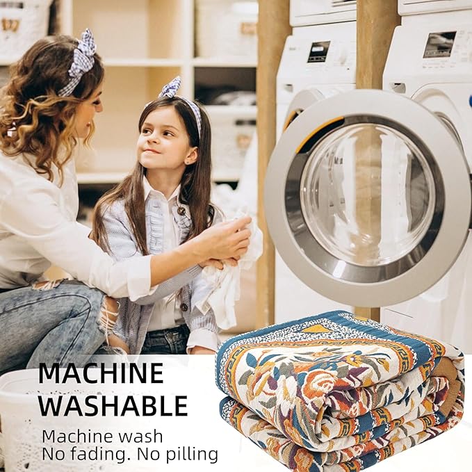 Boho Throw Blanket for Bed - 100% Pure Cotton Ultra Soft Rustic Quilt - Farmhouse Decor Bed Blankets, All Season Rustic Throw for Sofa Couch Chair(91''x 98'', Floral)