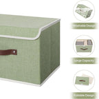 ANMINY Storage Bin with Lid Storage Boxes with PU Leather Handles PP Plastic Board Decorative Foldable Lidded Cotton Linen Fabric Home Cubes Baskets Closet Organizer Container - Green, Large Size