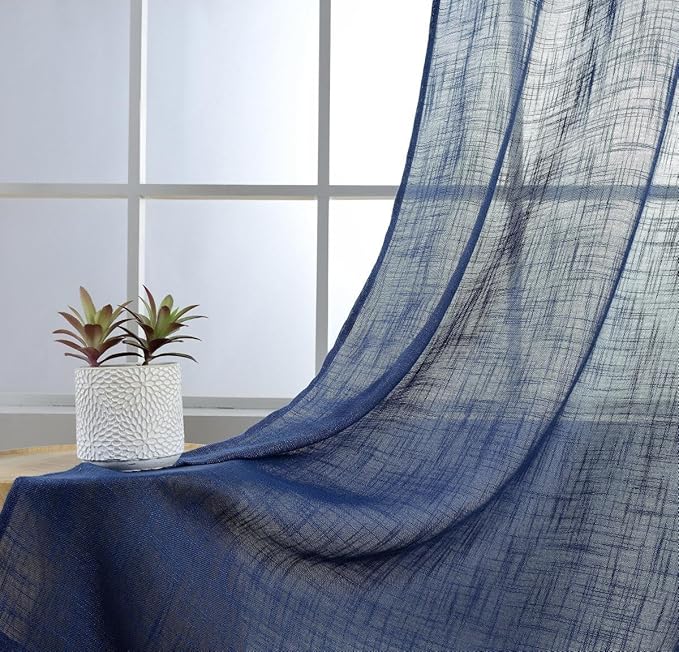 MIUCO Semi Sheer Curtains Poly Linen Textured Solid Grommet Curtains 84 Inches Long for French Doors 2 Panels (2 x 37 Wide x 84" Long) Navy Blue