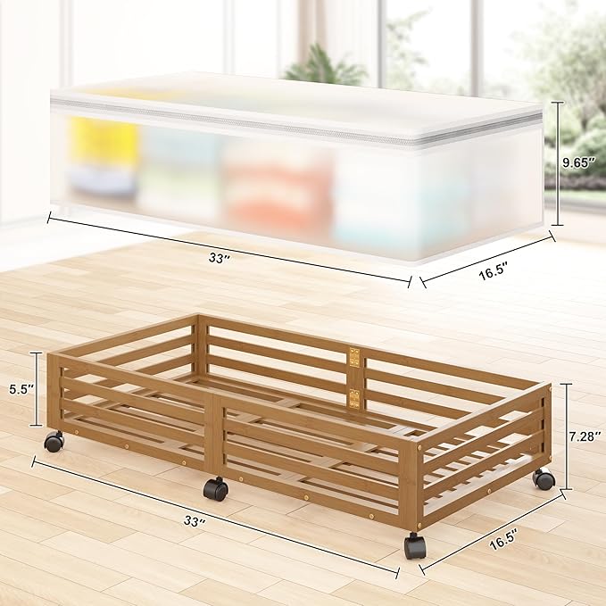 Under Bed Storage with Wheels-Large Bamboo Underbed storage Containers with Large Dust Bag Stackable Under the Bed Shoe Storage Bins for Clothes Books Bedding (2 Packs walnut, 33.07"L×16.54"W× 6.5"H)