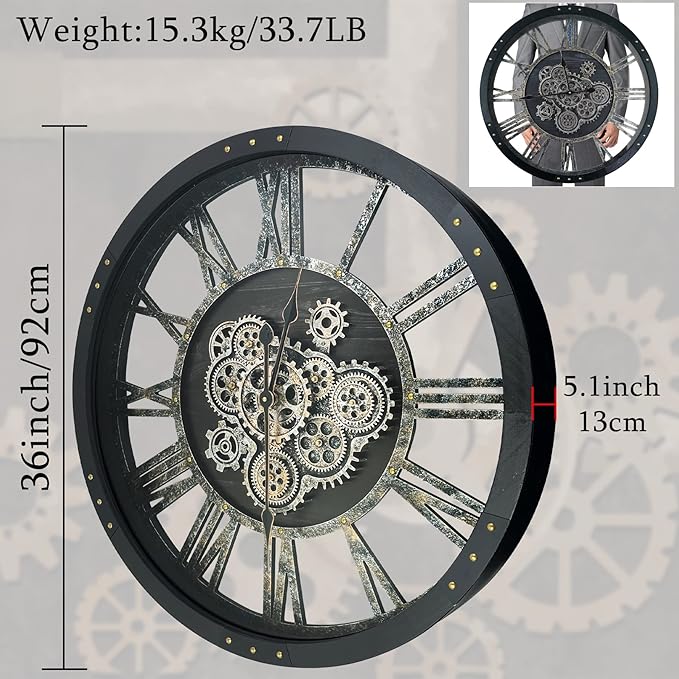 36 Inch Moving Gear Wall Clock, Oversized Wall Clocks, Clock Living Room Decor, Solid Wood Frame, Battery Operated, Large Wall Clock with Steampunk Industrial for Fireplace(Black)