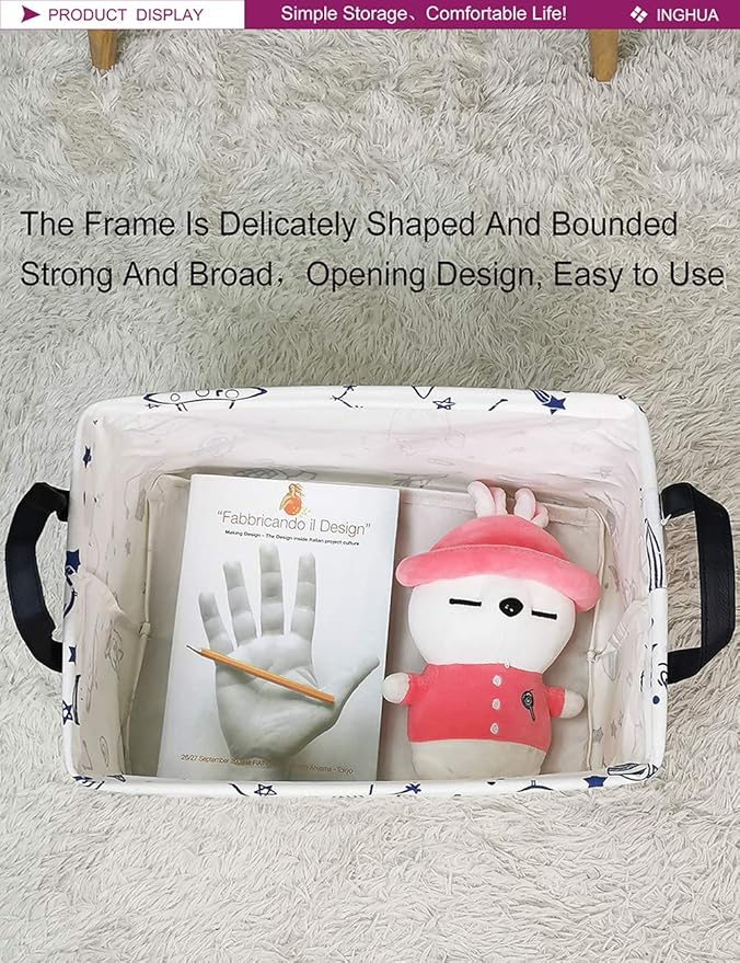 Rectangular Storage Basket Fabric Organizer Bin for Toys,Books,Clothes,Gifts,Pets-Perfect for Home,Office,Nursery,Dorm,Shelf(Rec Spaceships)