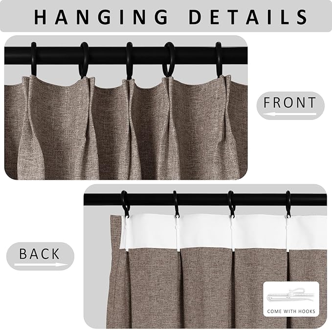 Macochico 100% Blackout Pinch Pleated Linen Curtains 84 Inch Length Thermal Blackout Curtains for Bedroom Living Room Nursery Light Brown Farmhouse Burlap Curtains with Tieback 52”Wx84”L 1 Panel