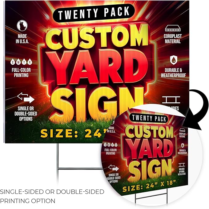 20 Pack 24"x18" Custom Yard Signs with Stakes, Personalized Yard Signs for Outdoors, Customized Full Color Print Corrugated Signs for Business