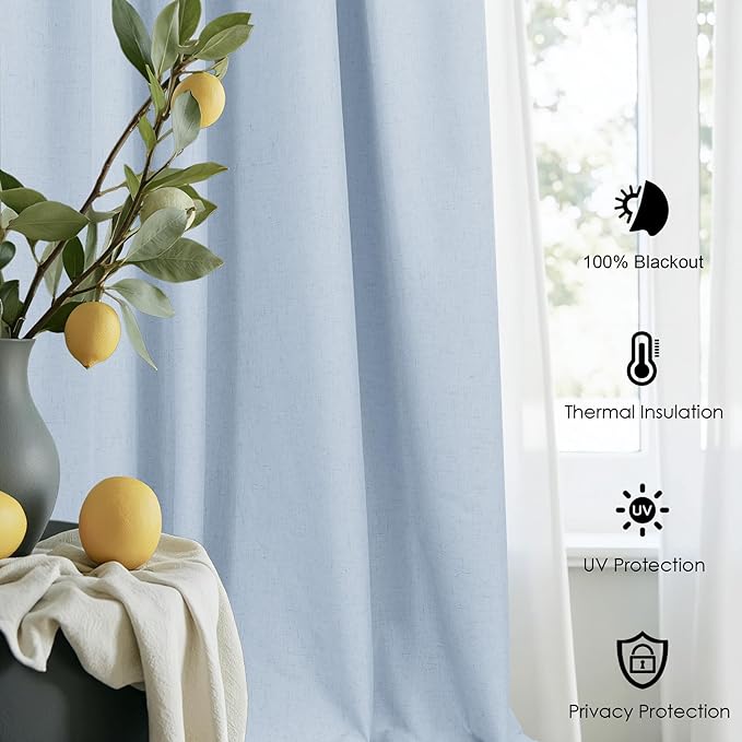 Light Blue Curtains 84 Inch Length for Bedroom 2 Panel Back Tab Pocket Pale Sky Colored Darkening Insulated Thermal Country Farmhouse Linen Blackout Curtain for Living Room Black Out Long Drape Window
