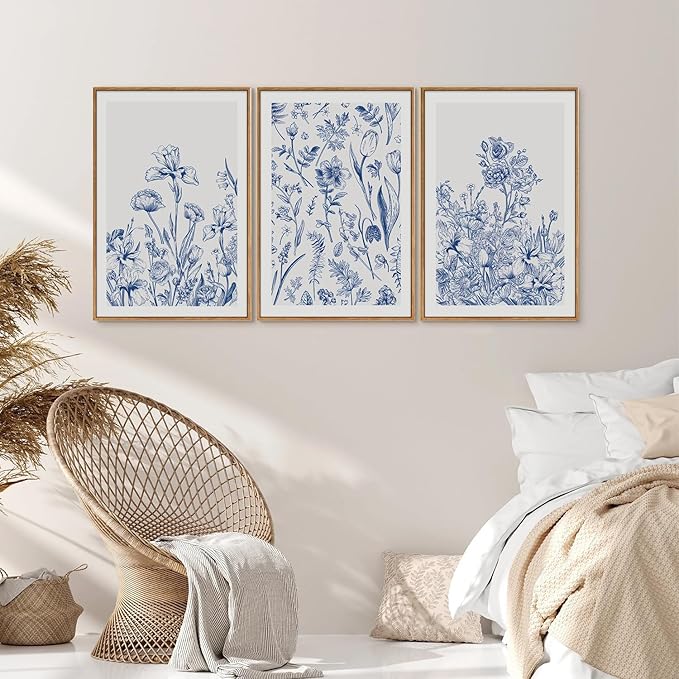 SIGNINART Classic Chinoiserie Botanical Framed Canvas Wall Art, Blue and White Floral Wall Decor, Minimalist Flower Artwork, Navy Blue Wildflower Art Painting for Bedroom Living Room Office 24"x36"x3