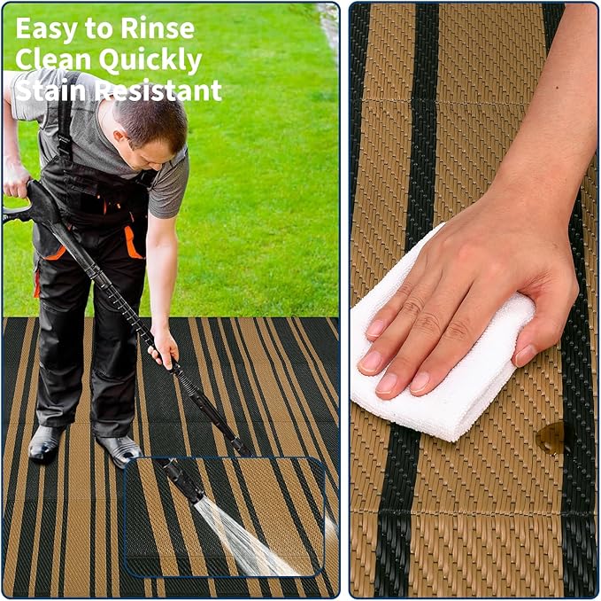 Outdoor Plastic Straw Rug 9x18 Waterproof Outside Rug, Large Modern Striped Reversible Floor Mats, Foldable & Lightweight Camping Carpet for Patio, Porch, Deck, Backyard, Balcony, Black Brown
