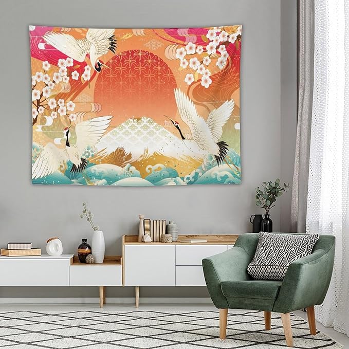 HZOHNAGO Japanese Tapestry Cherry Blossom Crane Sea Wave Fuji Mountain Red Sun Pattern Printed Wall Tapestry Painting Wall Hanging for Bedroom Living Room Dorm 80" W x 60" H