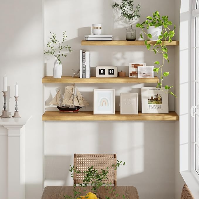 40 Inch Floating Shelvese, 40" W x 9" D Floating Shelf Set of 2, Farmhouse Wood Wall Shelves for Bedroom, Kitchen, Wall Mounted Deep Shelving for Home Decor, Oak Color