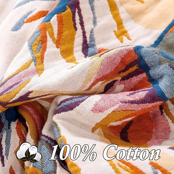 Snycler Boho Throw Blanket for Bed - 100% Cotton Ultra Soft Rustic Quilt - Watercolour Floral Printed Farmhouse Decor Bed Fall Blankets,80"×90" All Season Rustic Throw for Sofa Couch Chair