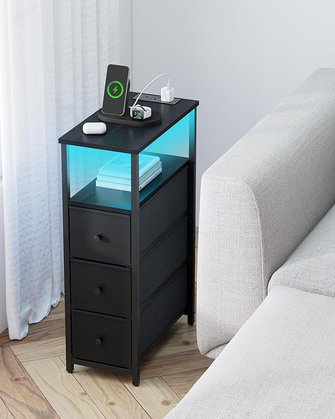 TUTOTAK Narrow LED Night Stand with Charging Station, Slim End Table with Plugins, Tall Side Table with 3 Fabric Drawer, Small Bedside Table with Storage, for Living Room, Black TB01BK086L