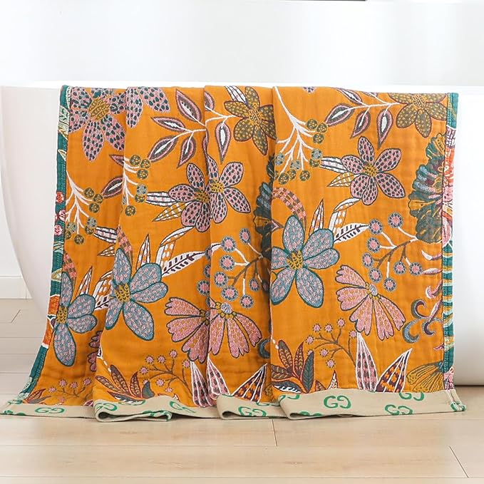 Boho Throw Blankets Reversible Luxurious Cotton Bed Throws with Vintage Bohemian Design & Yellow/Green Lightwight Floral Decor Blanket, Perfect as Bed Sofa Quilt 60" x 80"