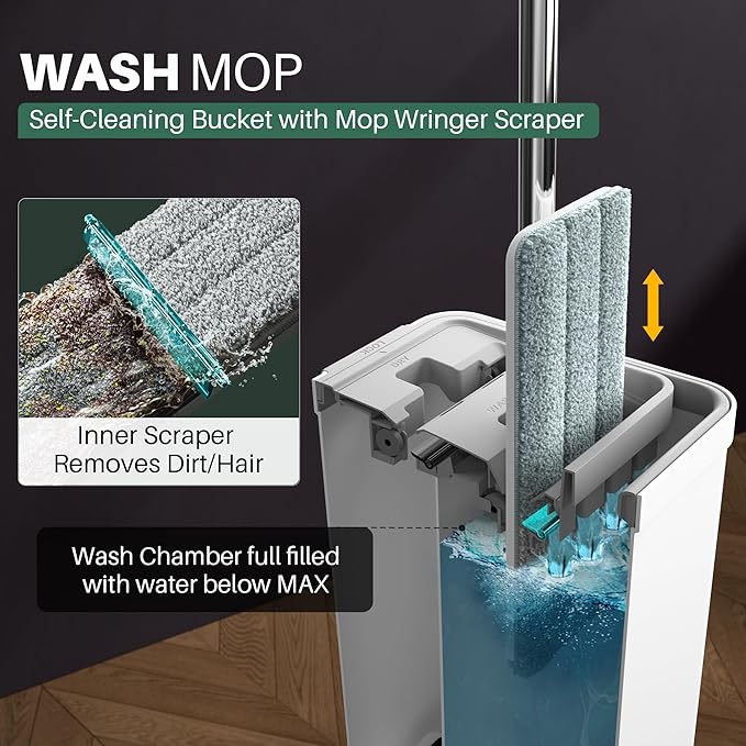 JOYMOOP Mop and Bucket with Wringer Set, White Flat Squeeze Mop Bucket Set for Floor Cleaning, Wet Dry Mops for Walls, Wall Cleaner with Long Handle, Hardwood Floor Mop-5 Microfiber Cloths