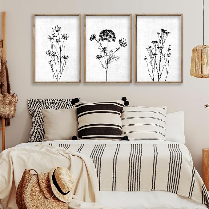 Flower Plant Wall Art Decor 16"x11" Set of 3 Black And White Botanical Painting Wood Framed For Minimalist Bedroom Office Rustic Living Room Abstract Wildflower Sign Hanging (Wood White)