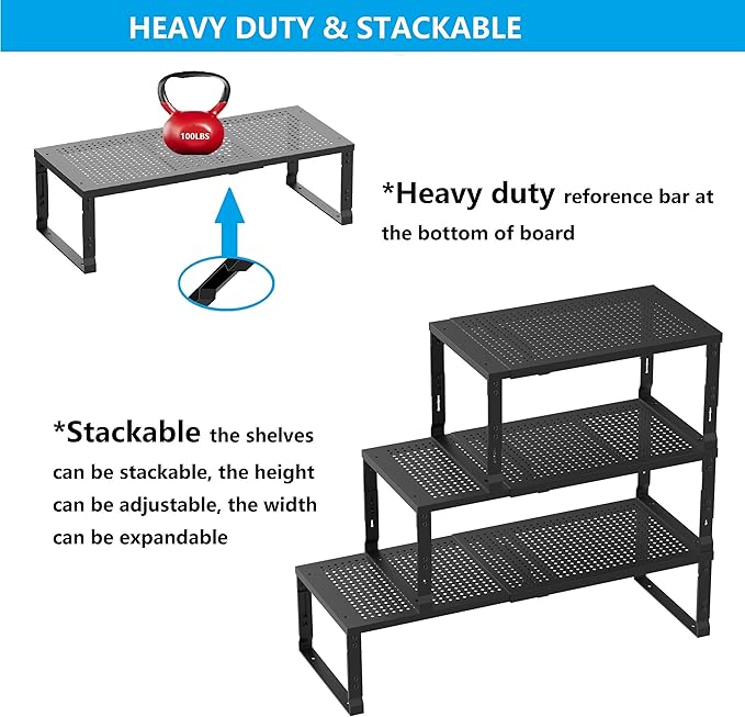 Expandable Spice Rack,Stackable Storage for Cabinet, Multi-Functional Kitchen Shelving,Height-Adjustable,Sustainable Organizer Solution(1Pack/Black/Medium)