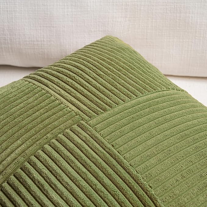 Fancy Homi 2 Packs Moss Green Lumbar Decorative Throw Pillow Covers 12x20 Inch for Living Room Couch Bed, Rustic Farmhouse Boho Home Decor, Soft Striped Corduroy Rectangle Accent Cushion Case 30x50 cm