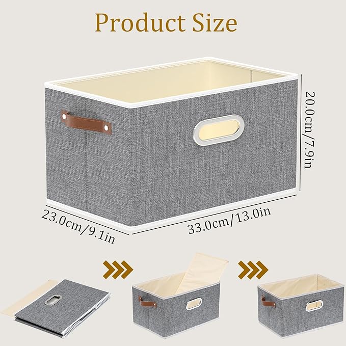Yawinhe Fabric Storage Baskets, Foldable Closet Organizer for Shelves, Large Boxes with 3 Handles, Canvas Bins for Clothes, Grey, 12.99''Lx9.05''Wx7.87''H, 6-Pack