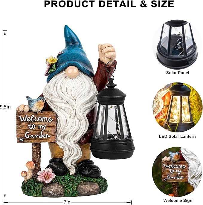 Garden Gnome Statues Figurine Lights - Solar Powered Lighting Outdoor Decorations with Lantern & Welcome Sign, Yard Art Lawn Ornaments for Porch Patio Balcony - Gnome Gifts for Women Mom
