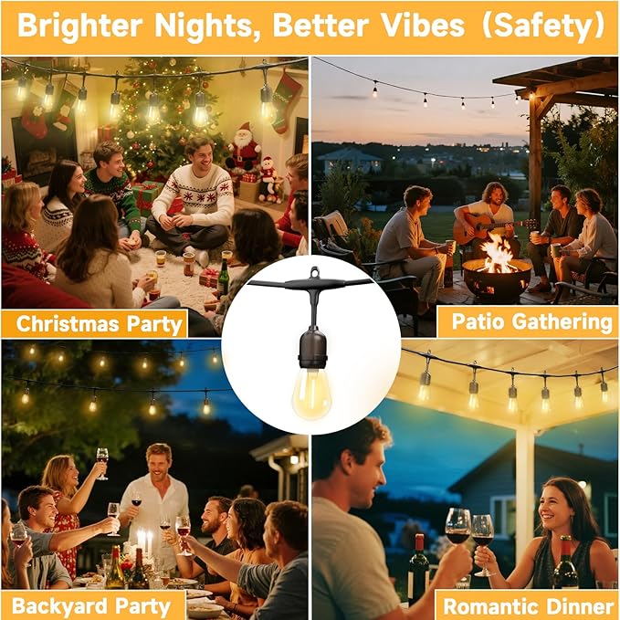 Outdoor Safety String Lights 50FT - 24V 20W Commercial Grade Low Voltage Strand with 20 S14 Shatterproof Bulbs for Tree Garden Yard | Warm Yellow 3500K Party Lights | IP65 Waterproof | UL Listed