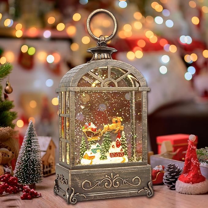 Christmas Snow Globes Lantern,Musical Snow Globes,Christmas Decorations Indoor for Home,Battery Or USB Powered,with 6 Hour Timer,Christmas Lantern for Festival Decoration,Reindeer Vehicle