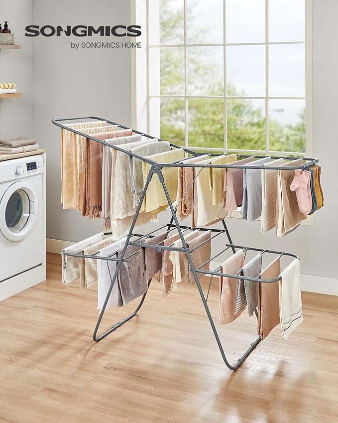 SONGMICS Clothes Drying Rack, Foldable 2-Level Laundry Drying Rack, Free-Standing Laundry Airer, with Height-Adjustable Wings, 33 Drying Rails, Sock Clips, Gray ULLR053G02V1