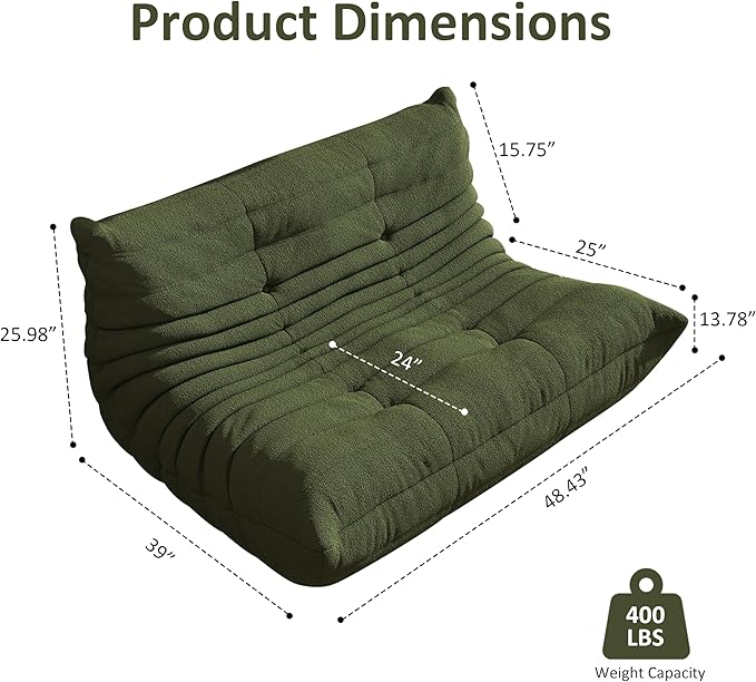 Bean Bag Chair, Oversized Loveseat Fireside Chair for Adults, 2 Seater with Memory Foam Filled, Lazy Sofa Lounge Floor Sofa for Living Room, Bedroom, Office, No Assembly Required. (Green)