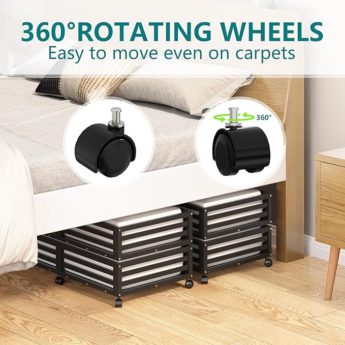 Bamboo Under Bed Storage Containers- Underbed Organizer with Wheels with Large Dust Bag,Sturdy Wood Rolling Under the Bed Shoe Storage Organizer Drawer 2 Packs (Black, Long)