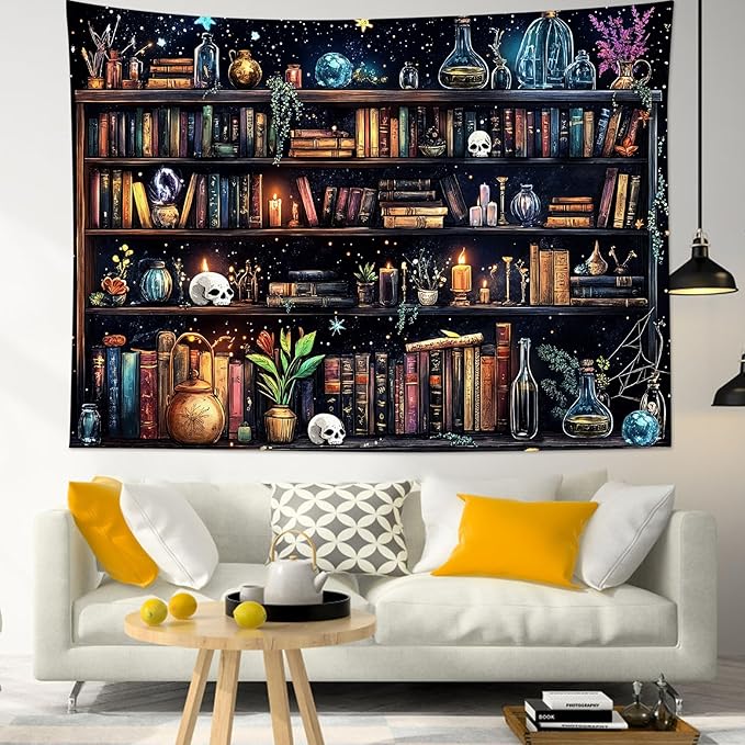 HVEST Magic Bookshelf Tapestry Wall Hanging Vintage Bookshelf Witchy Books Plant Skull Gothic Halloween Tapestry Aesthetic Starry Sky Tapestries for Bedroom Living Room Dorm, 51L x 59W Inches