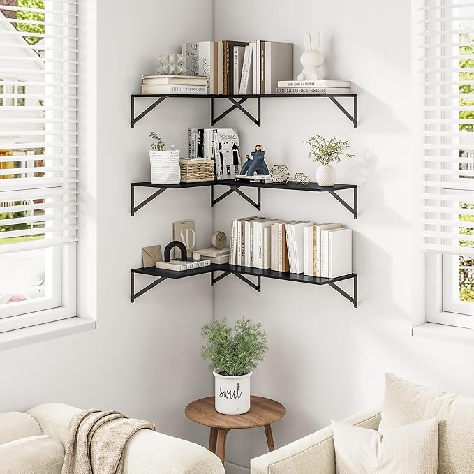 Heimlove 24" W x 12" D Wall Shelves for Books, 12 Inch Deep Floating Shelves Set of 3, Wide Floating Bookshelf with Metal Bracket for Living Room, Kitchen, Office, Bedroom and Decor Storage - Black