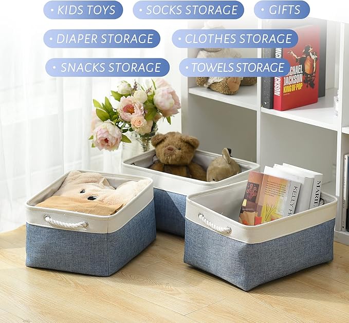 TcaFmac Storage Bins for Organization - Large 3 Pack Canvas Storage Basket for Shelves with Handles, Collapsible Baskets for Organizing for Closet Dog Laundry (White & Blue16x12x8 inch)