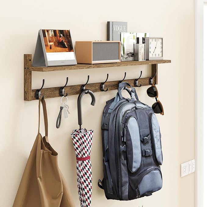 BAMEOS Coat Rack Wall Mount, Large Wooden Coat Hooks with Shelf, 35" L, 7 Dual Metal Hooks for Entryway, Bathroom, Kitchen, Living Room, Bedroom