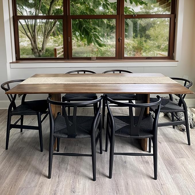 Wishbone Chair Natural Solid Wood Dining Chair/Hans Vegner Y Chair Rattan and Wood Accent Armrest Chairs Set of 4 (Ash Wood - Black)