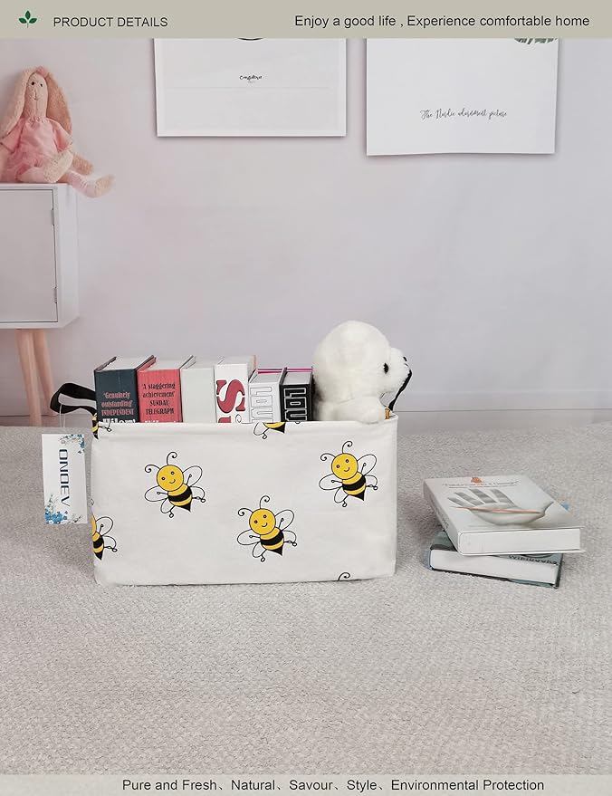 Rectangular Folding Laundry Basket, waterproof Canvas Basket,gift basket,Suitable for children's room,Office,Clothes,Toys Storage(Bee)