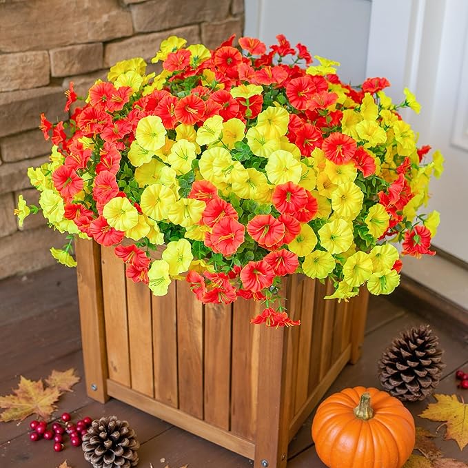 Artificial Mums for Outdoors Fake Fall Flowers Plants for Autumn Decoration, 12 Bundles Silk Morning Glory with Eucalyptus Look Real UV Resistant Faux Mums for Outside Planters Yard Patio Porch, Mix