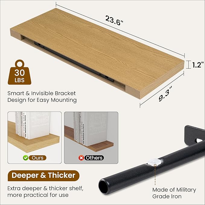 Fun Memories 24 Inch Floating Shelves for Wall, 9 Inch Deep Oak Rustic Wood Wall Mounted Shelves for Bathroom, Kitchen, Living Room, Set of 2