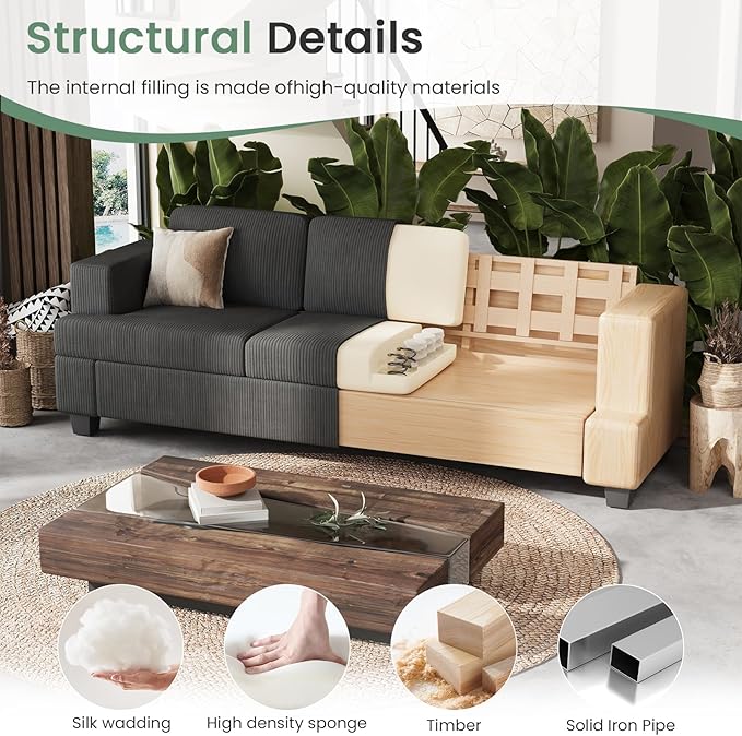 3 Seater Corduroy Couch for Living Room, 89” Black Cloud Sofa, Deep Seat Floor Couch for Bedroom, Futon Modern Sofa Sectional Bed, Black Corduroy
