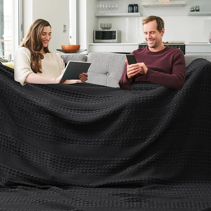 PHF 100% Cotton Waffle Weave Blanket Oversized King for Bed 120"x120"- Giant Big Lightweight Blanket 10'x10' for Bed Sofa - Aesthetic Extra Large Washed Cotton Soft Blanket - Black
