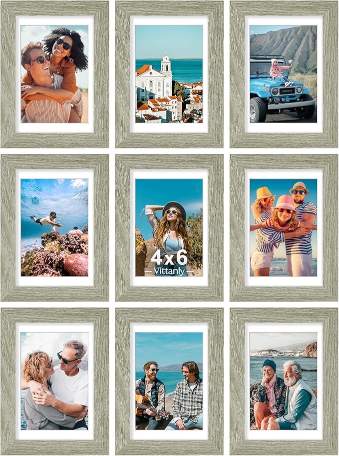 Vittanly 4x6 Picture Frames Set of 9, Shatter Resistant Plexiglass, Display 3.5x5 Pictures with Mat or 4x6 without Mat, Photo Frames for Wall or Tabletop, Engineered Wood, Driftwood