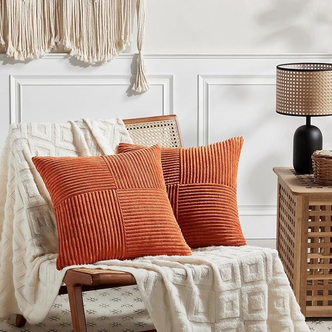 Fancy Homi Set of 2 Burnt Orange Decorative Throw Pillow Covers 22x22 Inch for Living Room Couch Bed, Boho Farmhouse Fall Home Decor, Soft Corss Corduroy Patchwork Textured Cushion Case 55x55 cm