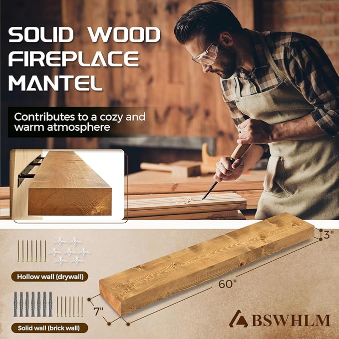 60x7x3 Fireplace Mantel - Solid Rustic Wood - Wall Mounted Floating Shelf with Invisible Heavy Duty Steel Bracket (Natural Wood)