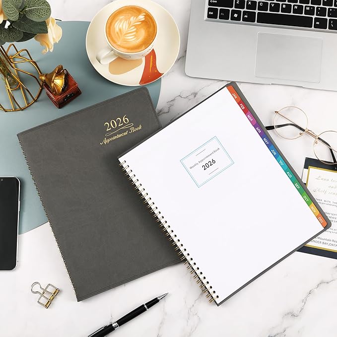 2026 Weekly Appointment Book - Appointment Book 2026, Jan 2026 - Dec 2026, Daily/Hourly Planner with Tabs, 15 Minutes, 8.26"x 11.4", Wirebound - Grey